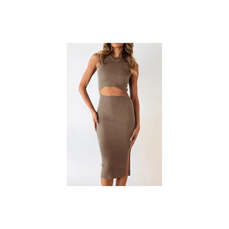 PRETTYGARDEN Women's Summer Midi Bodycon Dresses Casual Crew Neck Side Slit Sleeveless Knit Cut Out Tank Top Dress (Camel,Large) - Image 6