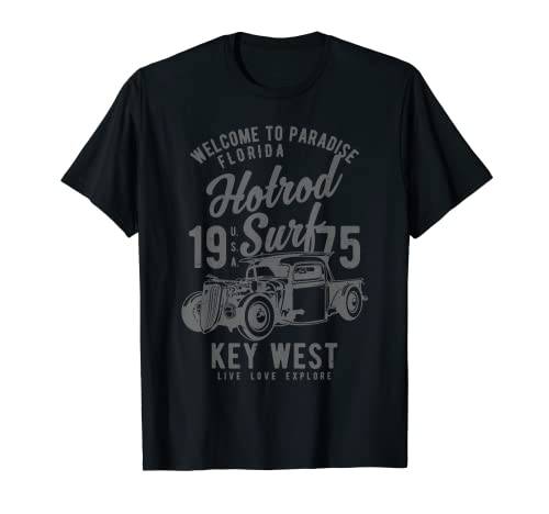 Key West Florida Retro Hotrod Surf Diseño envejecido Camiseta