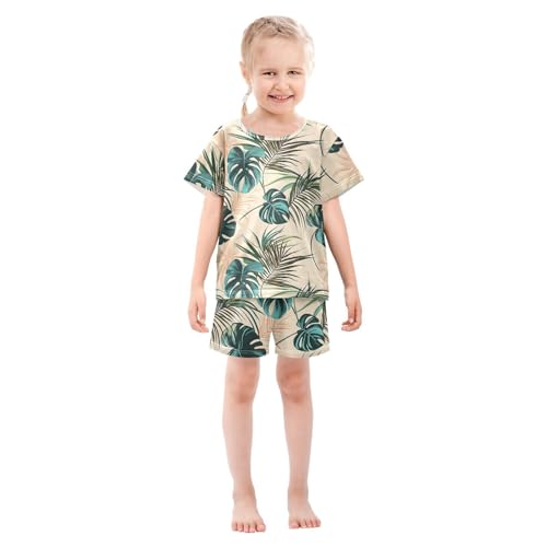 Tropical Palm Leaves Pajama Set, Short Sleeve Cotton Sleepwear Nightwear3