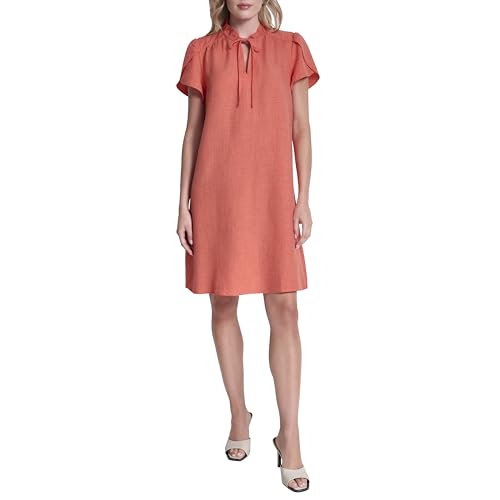 Image of DKNY Women's Front Tie Ruffle Neckline Trapeze Dress
