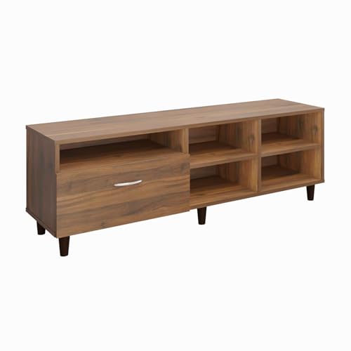 Image of VIKI Modern TV Unit for Living Room | Engineered Wood TV Cabinet with 1 Drawer Storage & 3 Open Shelves, Set Top Box Stand, Entertainment Unit, 140W x 48H x 40D cm | DIY | 1 Year Warranty (Walnut)