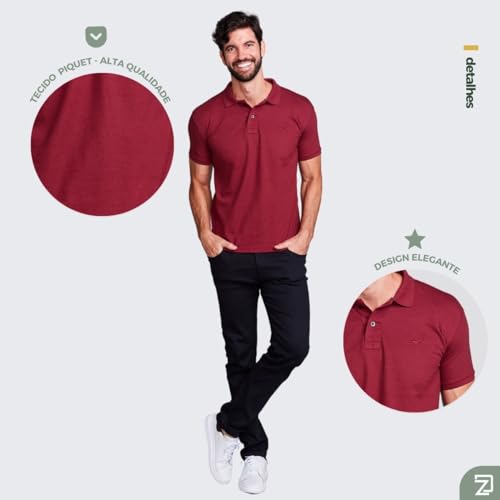 Kit 3 Camisa Polo Tecido Piquet Básica Masculina (BR, Alfa, G, Regular, CINZA - AZUL MARINHO - VINHO
