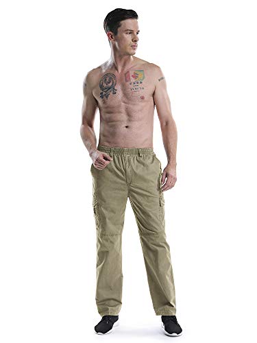Mesinsefra Men's Full Elastic Waist Cargo Pants Loose Fit Lightweight Workwear Pull On Trousers Yellow Tag 4XL-US 403