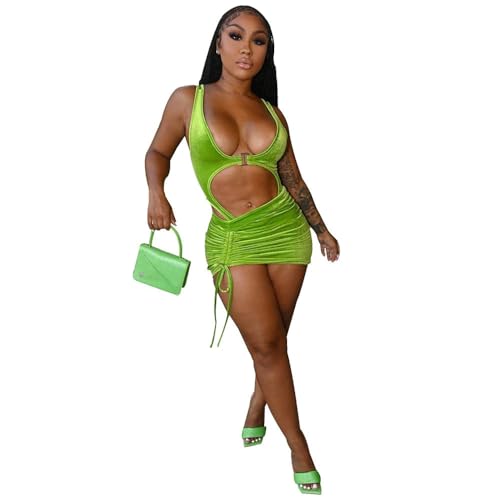 Sexy Dress Summer Velvet Two Piece Bikini Set Solid V Neck Cut Out Bodysuit Tank Top Ruched Mini Skirt Outfit Party Club Suit