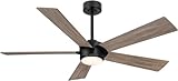 ELEHINSER 64' Ceiling Fan with Light and Remote Control, Modern Dimmable LED Light, 6-Speed Noiseless Reversible DC Motor, 5 Plywood Ceiling Fan for Kitchen Bedroom Living Room Black/Wood Color