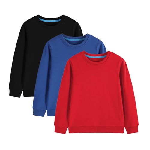 3-Pack Unisex Kids and Toddlers' Crewneck Sweatshirts Solid Long Sleeve Pullover Tops for Boys and Girls