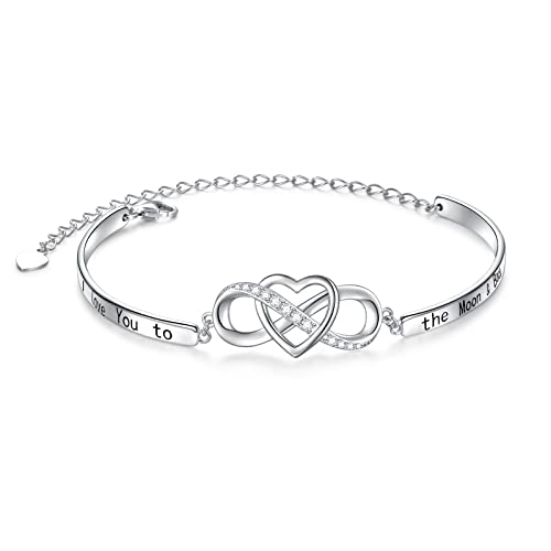 Mother's Day Gifts Infinity Love Heart Bracelet With Inspirational Message "I Love You To The Moon & Back" For Women Girls, Adjustable Length Bangle Bracelets 925 Sterling Silver Jewelry #TOP17