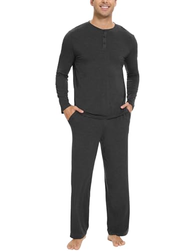 GYS Bamboo Viscose Men's Pajama Sets Long Sleeve Henley Neck Casual Sleep Set with Pockets