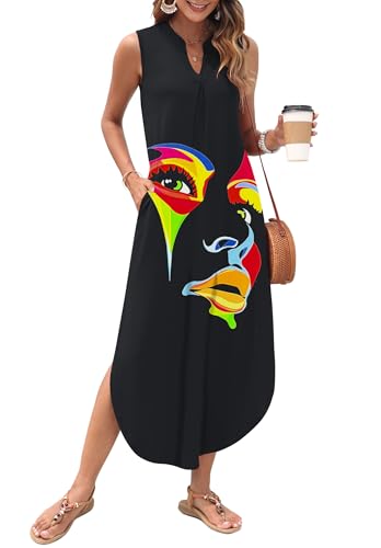 AUSELILY Womens Summer Casual Maxi Dresses 2025 Sleeveless Long Beach Dresses V Neck Loose Sundresses with Side Split Pockets
