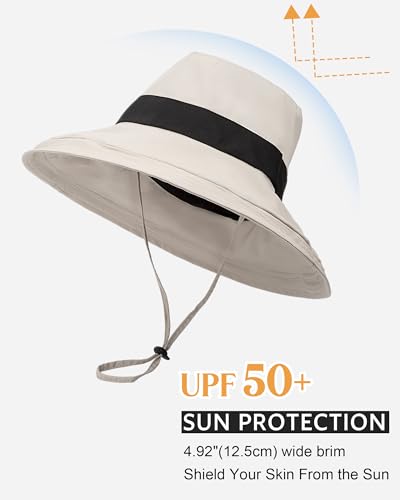 Senker Fashion Sun Hats for Women UV Protection, Waterproof Ponytail Wide Brim Bucket Hat for Summer Beach Gardening Travel Beige