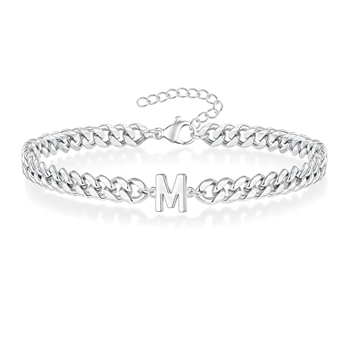 Silver Chain Bracelet For Men, Silver Bracelet For Men Boys Cuban Link Bracelet For Men Letter M Initial Bracelet For Men Simple Mens Silver Bracelet Mens Gifts Silver Initial Bracelets For Boys Men #TOP9