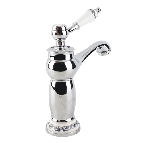 Rétro Mitigeur Robinet de Lavabo Laiton Céramique Évier Robinet Bleu Et Blanc en Porcelaine À Long Cou Vintage Floral avec l'entrée Robinet d'eau Froide/Chaude Cuisine Salle de bain(chromé)