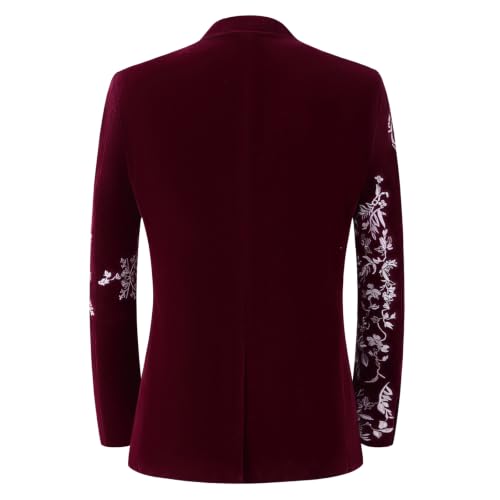 DAMANGUAN Men's Black Velvet Blazer with Gold Floral Embroidery, Slim Fit Suit Jacket for Wedding, Party, Banquet, Prom (US, Alpha, Medium, Regular, Regular, red and White) - image 2