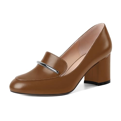 Image of Eldof Women's Pumps Block Heel Round Toe Slip On Chunky Loafer Heel Dress Shoes Pumps for Women 2.5 Inches