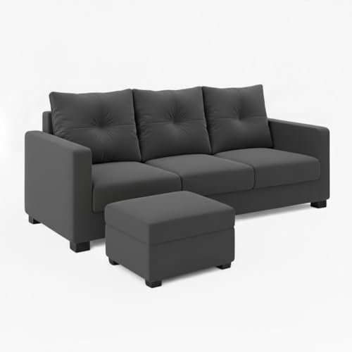 Image of FURNY Amonster 4 Seater L Shape Sofa Set with Movable Ottoman | Flexible Left or Right Layout | Plush Velvet Fabric (Dark Grey) | Perfect for Living Room, Guest Room & Office