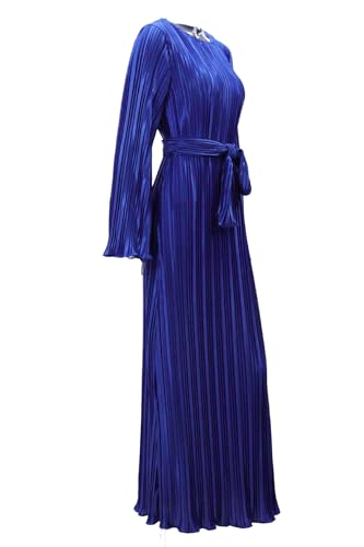 Image of Pluto & Fox Women's Crew Neck Plisse Maxi Dress Long Sleevele Flared Cuffs Belted Pleated Party Cocktail Wedding Guest Dress