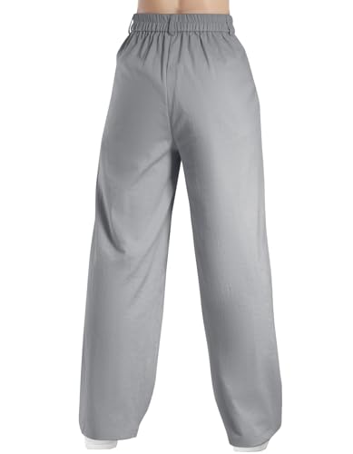 keriffe Women's Linen Wide Leg Palazzo Pants Loose Fit Casual Pants with Pocekts High Waist Button Work Office Slacks3
