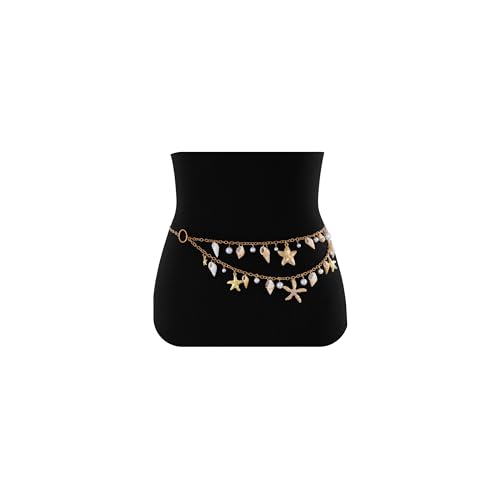 FAMEZA 1Psc Preimum Starfish Pearl Waist Chain Belts for Women Mermaids Seashell Pearl Belly Chain Gold Pirate Rave Festiv
