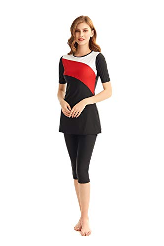 KXCFCYS Women's Modest Swimsuit Print 2 Pieces Swimwear Rash Guard Surfing Suit Short Sleeve Bikinis BlackRed
