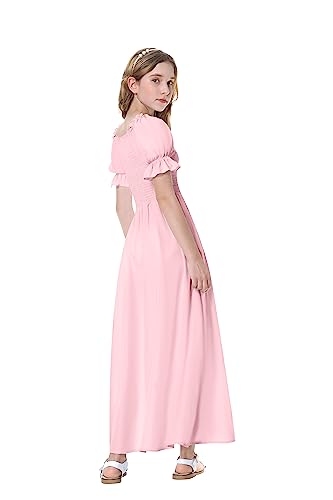 Mebius Girls Cottagecore Maxi Dress Smocked Puff Sleeve Square Neck Flowy Boho A-line Ruffle Short Sleeve Dresses 8-14Y4