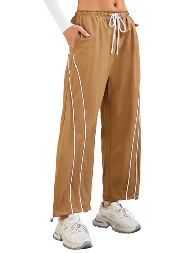 aswulk Womens Baggy Wide Leg Track Pants Drawstring High Rise Striped Elastic Waist Workout Pants with Pockets Coffee XXL