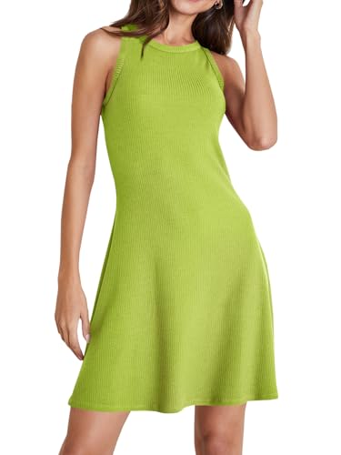 Image of Wenrine Womens Summer Casual Tank Dress Ribbed Knit Sleeveless Crewneck A Line Mini Dresses