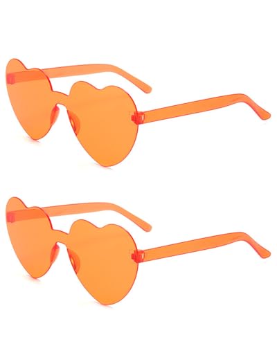 QLEUIFT 2 pcs Herzform Sonnenbrille Multicolor Randlose Herzförmige Brille Mode Herz Übergroße Mode Sonnenbrille Eyewear für Frauen, Orange