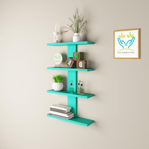 Image of Wooden Wall Mounted Floating Rack Shelves Book Stand Display Hanging Shelf Living Room Bedroom Storage Home Office for Decoration Showcase (Cyan)
