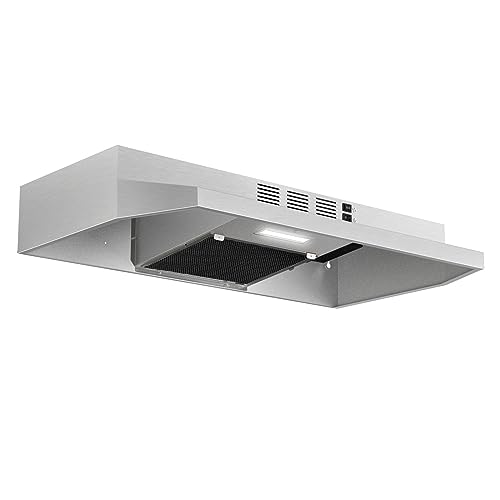 Range Hood 30 inch Under Cabinet, Stainless Steel Kitchen Vent Hood 280CFM, Built-in Kitchen Stove Hood w/Rocker Button Control, Ducted/Ductless Convertible Duct, 2 Speeds Fan, Bright LED Light by Zomagas - Used condition - US$64.93