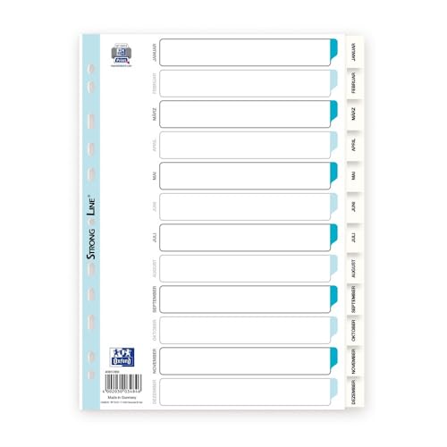 Oxford 400013900 Kunststoff-Register Strong-Line Jan-Dez 12-teilig für DIN A4 Plastikregister mit beschriftbarem Deckblatt weiß Ringbuch Ordner Ring-Mappe