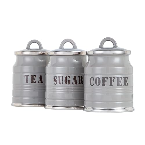Home Harbour Ashbury Collection Set of 3 Tea Coffee Sugar Canisters | Ceramic Kitchen Storage Jars with Airtight Loop Lids | Countertop Organiser Classic British Chrome Gloss Finish, 0.9L (Grey)