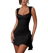 Lrady Womens Sexy Square Neck Bodycon Sleeveless Ruched Side Drawstring Flare Mini Party Club Sho...