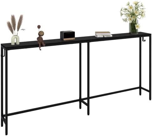 Leomonio 70.9" Console Table-Narrow Long Sofa Table Behind Couch,Modern Skinny Black Entryway Table with Hooks for Hallway, Living Room, Bedroom, Sturdy and Stable, Easy to Assemble,Classic Black