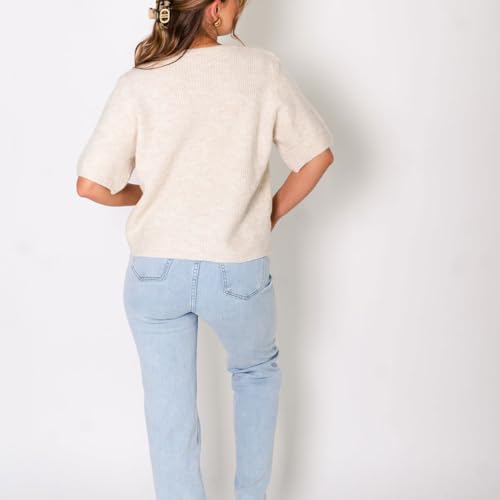 Women Casual Round Neck Short Sleeve Knit Cardigan Sweater Loose Fit Open Front Button Down Crop Sweater Jacket4