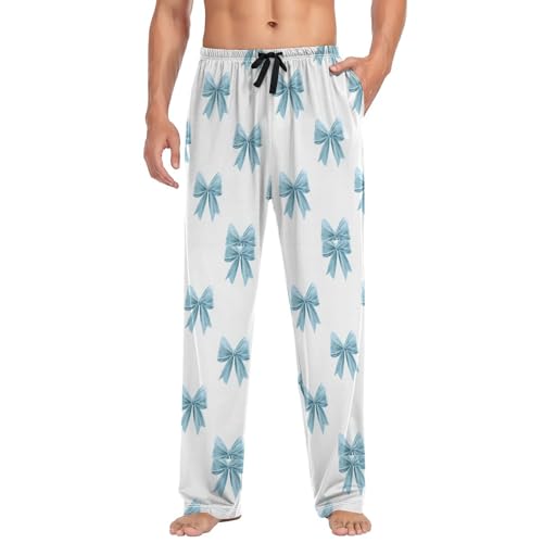 Men’s Light Blue Bows Pajama Pants with Pockets, Comfortable Lounge Sleep Bottoms#1493