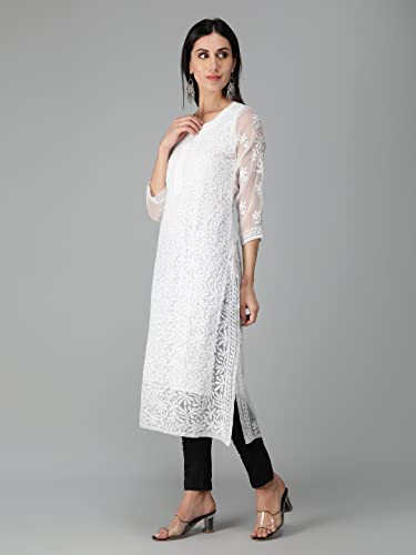 Image of Seva Chikan Hand Embroidered Lucknowi Chikankari Regular Straight Georgette Kurta Kurti for Women with Cotton Inner Slip SCL4254