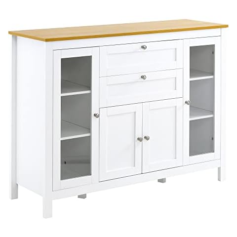 HOMCOM Aparador de Cocina con Armario 2 Cajones 2 Puertas de Vidrio y Estantes Ajustables Cover