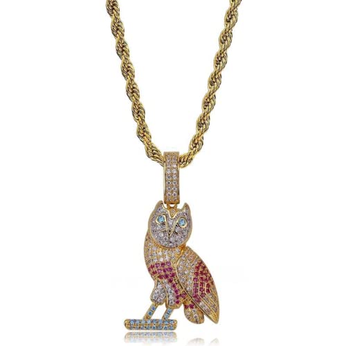 Hip Hop se congeló el búho Bling cz con Cadena de Oro chapada de Oro: Collar Elegante para Hombres y Mujeres