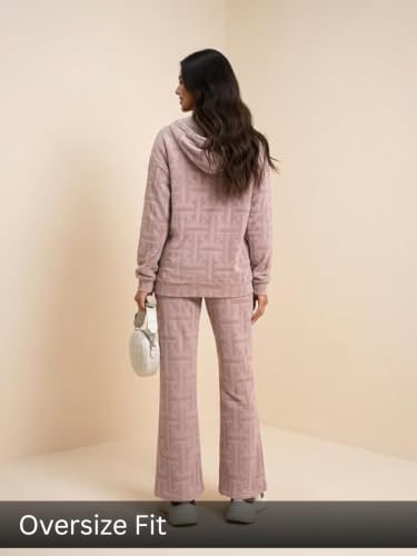 Image of Leriya Fashion Co Ord Set for Women Stylish | Oversized Loose Fit Hoodies for Women | Lycra Jacquard Warm Hooded Hoodie & Pant Set | Drawstring Zip Up Jacket Hoodie | Winter Sweatshirts & Hoodies