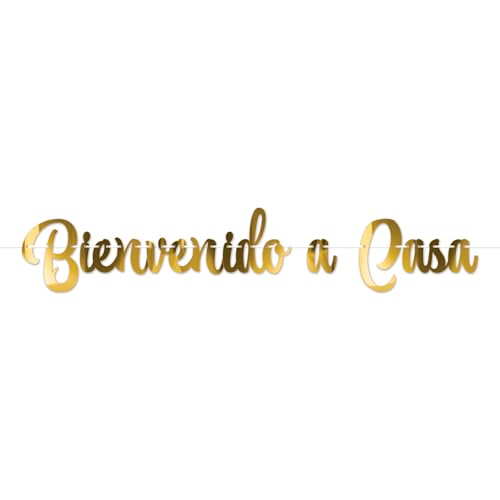 Beistle Foil Bienvenido a Casa Streamer Gold Foil Boardstock, Spanish Script Design with White Ribbon Welcome Home Party Decoration for Walls and Table Accents, 11” x 5’