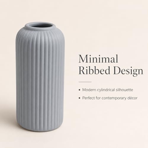 Image of Grey Ribbed Ceramic Flower Vase 6 Inch Matte Pampas Grass & Dried Flower Vase for Home & Office Table Decor Decorative Centerpiece Gift - Vase Only