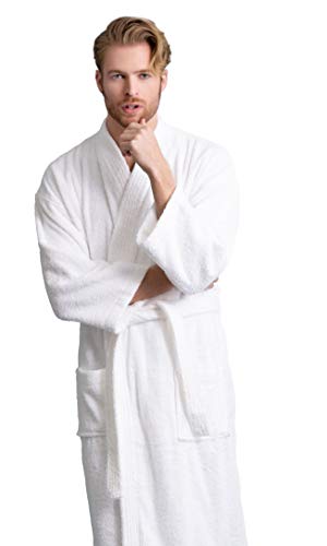 Soft Touch Linen Men's Robe, Turkish Terry Bathrobe, 100% Cotton Kimono Spa Bathrobe (Large, White) #TOP2
