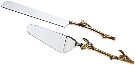2 Piece Gold leaf (twig) Cake Server Set. 1 Cake Knife and 1 Cake Server. Leaf Design 2 Tone Made of Stainless Steel and Brass. Ideal for Weddings, Party's, Elegant events.