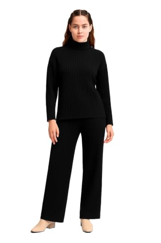 Image of Kvetoo Women Winter Coord Set Wool Blend High Neck Sweater and Wide Leg Pants Warm Tracksuit Pajama Set Two Piece Knitwear Travel Wear for Lounge Casual Office
