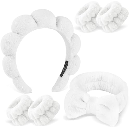 Zkptops 6Pcs Spa Headband for Washing Face Wristbands Set Women Bubble Makeup Sponge Terry Cloth Padded Puffy Skincare Headband Bow Tie Hairband Cute Non Slip Thick Hair Accessory Gifts (Blue)