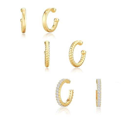 RabbFit Lot de 3 manchons d'oreille en or 14 carats pour femmes - Boucles d'oreilles cartilage hélix plaqué or pour filles - Boucles d'oreilles non percées - Boucles d'oreilles cartilage pour femmes,