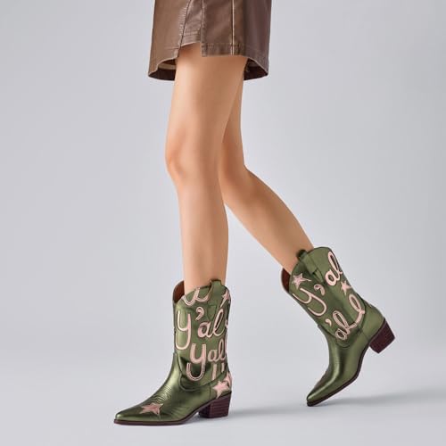 Metallic Cowboy boots for Women Embroidered Mid Calf Womens Cowgirl Boots Western Pointed Toe Chunky Heel4