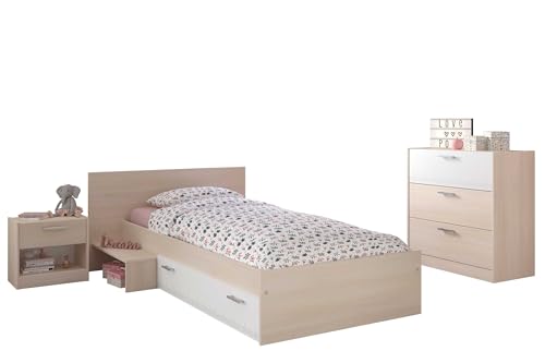 CHARLEMAGNE Chambre Enfant Complete style contemporain décor acacia clair et blanc - l 90 x L 190 cm