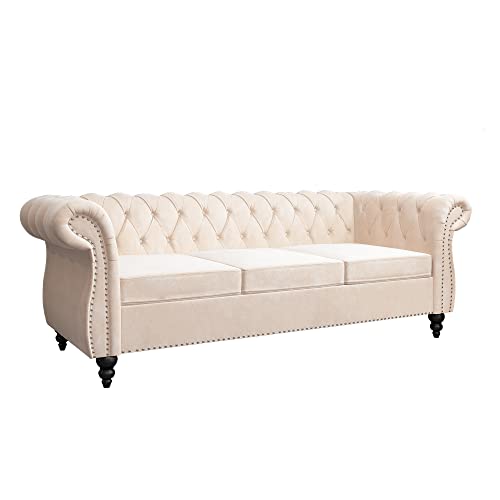 Image of ORRD Chesterfield Sofa Velvet, Modern Tufted Couch 3 Seater with Rolled Arms and Nailhead for Living Room, Bedroom, Office, Apartment (Beige)