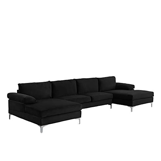 Casa Andrea Milano Modern Large Velvet Fabric U-Shape Sectional Sofa, Double Extra Wide Chaise Lounge Couch, Black